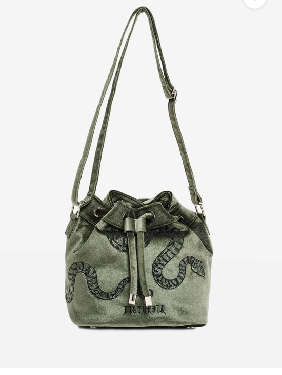 Disturbia Handbags - Disturbia Olive Green Velvet Drawstring Snake Bucket Bag
